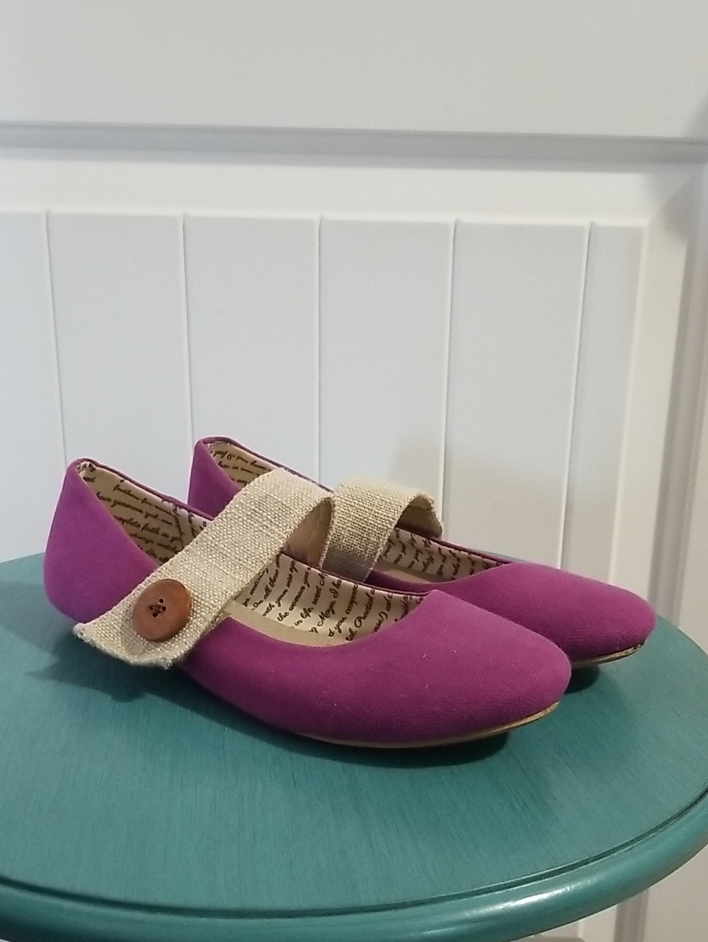 Livie & Luca Purple Mary Jane Flats with Natural Burlap Strap & Wood Buttons 7